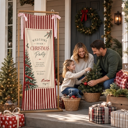 Custom Christmas Party Fabric Welcome Banner, Personalized Name Holiday Entrance Hanging Sign with Ribbon Ties, Classic Red Stripes Tree & Bow Party Decor