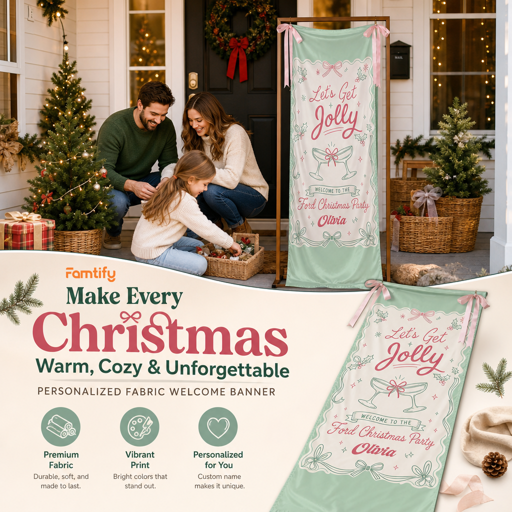 Custom Let's Get Jolly Fabric Welcome Banner, Personalized Family Name Christmas Cocktail Party Entrance Hanging Sign with Ribbons, Mint Green Holiday Decor