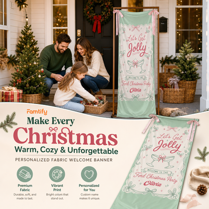 Custom Let's Get Jolly Fabric Welcome Banner, Personalized Family Name Christmas Cocktail Party Entrance Hanging Sign with Ribbons, Mint Green Holiday Decor