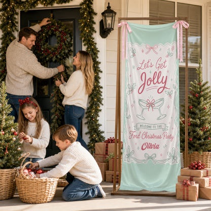 Custom Let's Get Jolly Fabric Welcome Banner, Personalized Family Name Christmas Cocktail Party Entrance Hanging Sign with Ribbons, Mint Green Holiday Decor