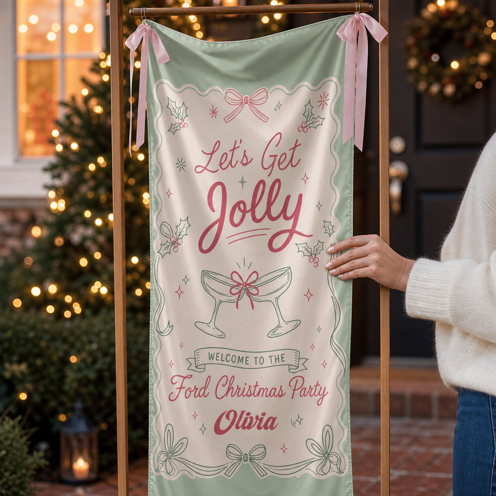 Custom Let's Get Jolly Fabric Welcome Banner, Personalized Family Name Christmas Cocktail Party Entrance Hanging Sign with Ribbons, Mint Green Holiday Decor
