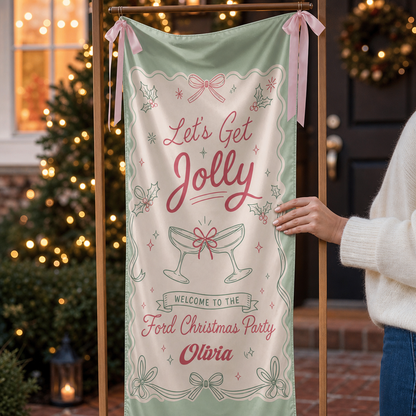 Custom Let's Get Jolly Fabric Welcome Banner, Personalized Family Name Christmas Cocktail Party Entrance Hanging Sign with Ribbons, Mint Green Holiday Decor