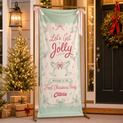 Custom Let's Get Jolly Fabric Welcome Banner, Personalized Family Name Christmas Cocktail Party Entrance Hanging Sign with Ribbons, Mint Green Holiday Decor