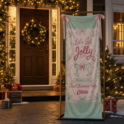 Custom Let's Get Jolly Fabric Welcome Banner, Personalized Family Name Christmas Cocktail Party Entrance Hanging Sign with Ribbons, Mint Green Holiday Decor
