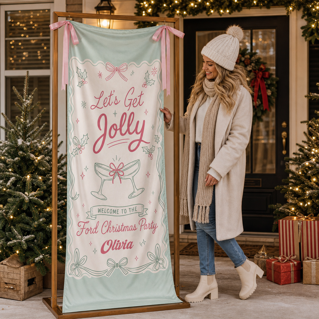 Custom Let's Get Jolly Fabric Welcome Banner, Personalized Family Name Christmas Cocktail Party Entrance Hanging Sign with Ribbons, Mint Green Holiday Decor
