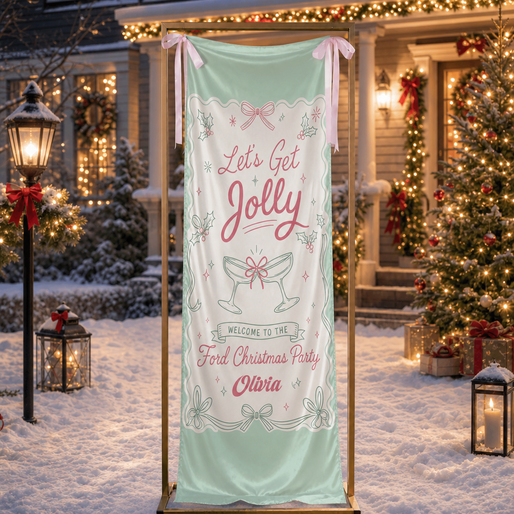 Custom Let's Get Jolly Fabric Welcome Banner, Personalized Family Name Christmas Cocktail Party Entrance Hanging Sign with Ribbons, Mint Green Holiday Decor