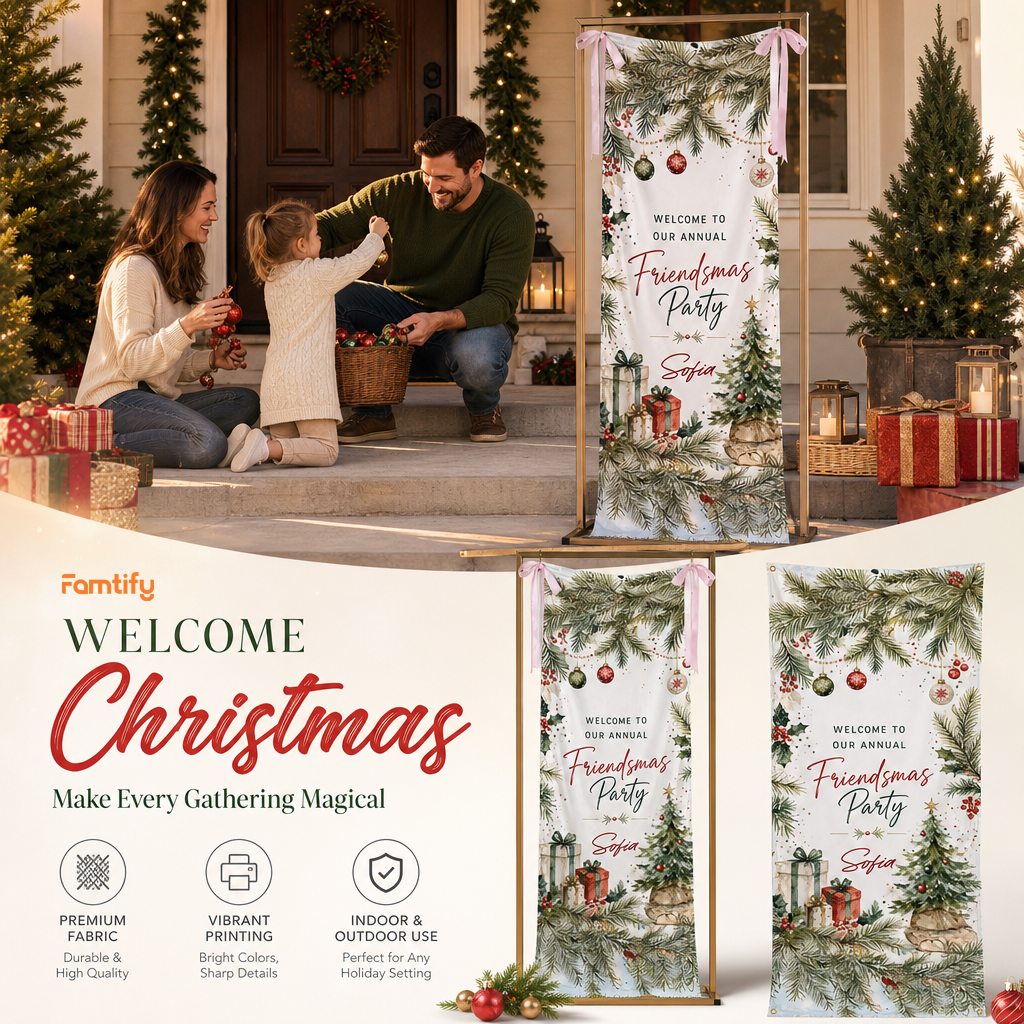Custom Friendsmas Party Fabric Welcome Banner, Personalized Name Holiday Entrance Hanging Sign with Ribbon Ties, Pine Foliage & Ornaments Christmas Decor