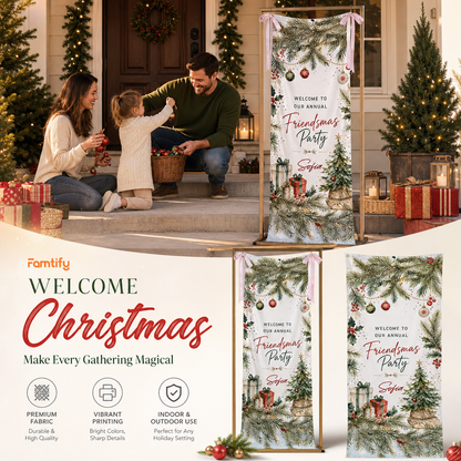 Custom Friendsmas Party Fabric Welcome Banner, Personalized Name Holiday Entrance Hanging Sign with Ribbon Ties, Pine Foliage & Ornaments Christmas Decor