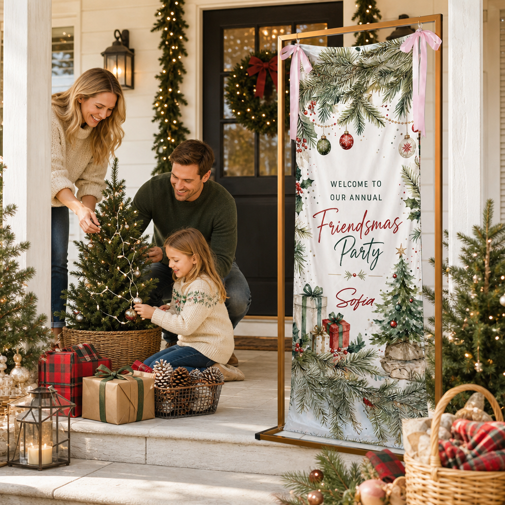 Custom Friendsmas Party Fabric Welcome Banner, Personalized Name Holiday Entrance Hanging Sign with Ribbon Ties, Pine Foliage & Ornaments Christmas Decor