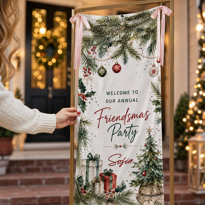 Custom Friendsmas Party Fabric Welcome Banner, Personalized Name Holiday Entrance Hanging Sign with Ribbon Ties, Pine Foliage & Ornaments Christmas Decor