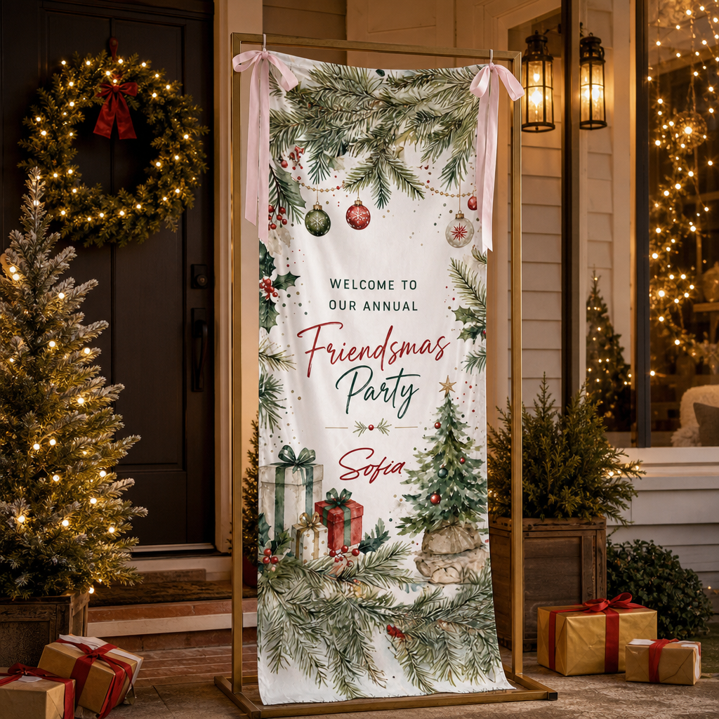 Custom Friendsmas Party Fabric Welcome Banner, Personalized Name Holiday Entrance Hanging Sign with Ribbon Ties, Pine Foliage & Ornaments Christmas Decor