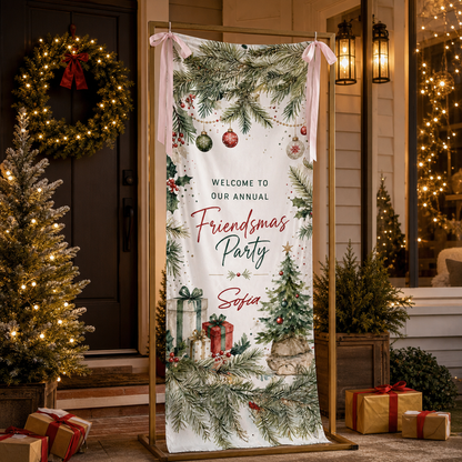 Custom Friendsmas Party Fabric Welcome Banner, Personalized Name Holiday Entrance Hanging Sign with Ribbon Ties, Pine Foliage & Ornaments Christmas Decor