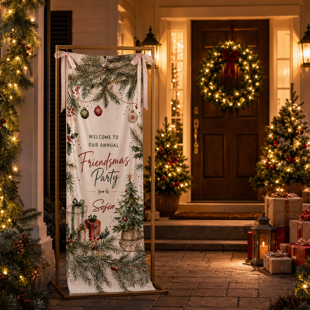 Custom Friendsmas Party Fabric Welcome Banner, Personalized Name Holiday Entrance Hanging Sign with Ribbon Ties, Pine Foliage & Ornaments Christmas Decor