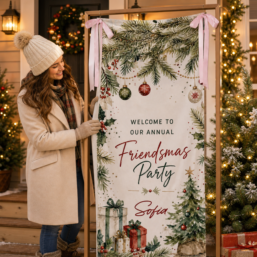 Custom Friendsmas Party Fabric Welcome Banner, Personalized Name Holiday Entrance Hanging Sign with Ribbon Ties, Pine Foliage & Ornaments Christmas Decor