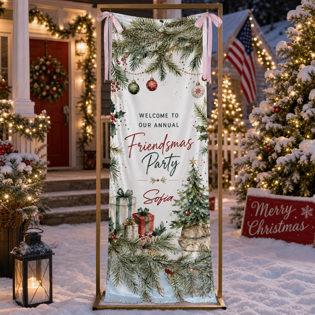 Custom Friendsmas Party Fabric Welcome Banner, Personalized Name Holiday Entrance Hanging Sign with Ribbon Ties, Pine Foliage & Ornaments Christmas Decor