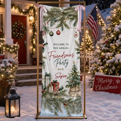 Custom Friendsmas Party Fabric Welcome Banner, Personalized Name Holiday Entrance Hanging Sign with Ribbon Ties, Pine Foliage & Ornaments Christmas Decor