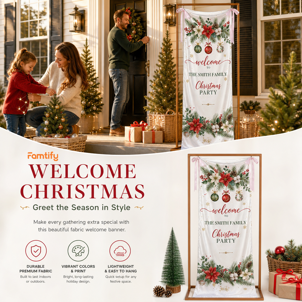 Custom Poinsettia Christmas Party Fabric Welcome Banner, Personalized Family Name Holiday Entrance Hanging Sign with Ribbon Ties, Winter Floral Foliage Party Decor