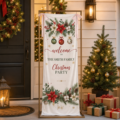 Custom Poinsettia Christmas Party Fabric Welcome Banner, Personalized Family Name Holiday Entrance Hanging Sign with Ribbon Ties, Winter Floral Foliage Party Decor