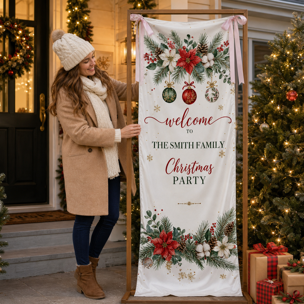 Custom Poinsettia Christmas Party Fabric Welcome Banner, Personalized Family Name Holiday Entrance Hanging Sign with Ribbon Ties, Winter Floral Foliage Party Decor