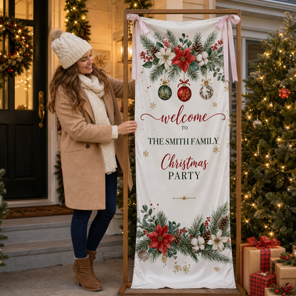 Custom Poinsettia Christmas Party Fabric Welcome Banner, Personalized Family Name Holiday Entrance Hanging Sign with Ribbon Ties, Winter Floral Foliage Party Decor