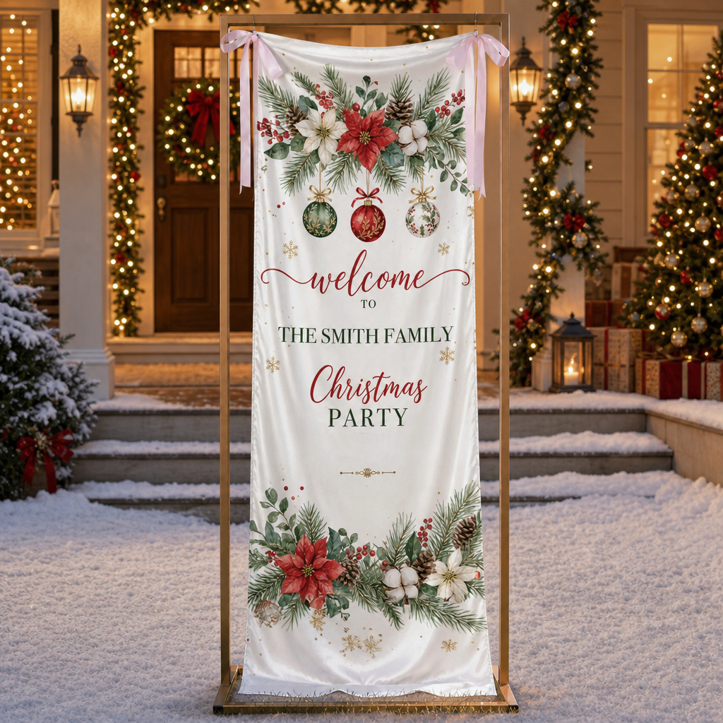 Custom Poinsettia Christmas Party Fabric Welcome Banner, Personalized Family Name Holiday Entrance Hanging Sign with Ribbon Ties, Winter Floral Foliage Party Decor