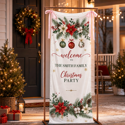 Custom Poinsettia Christmas Party Fabric Welcome Banner, Personalized Family Name Holiday Entrance Hanging Sign with Ribbon Ties, Winter Floral Foliage Party Decor