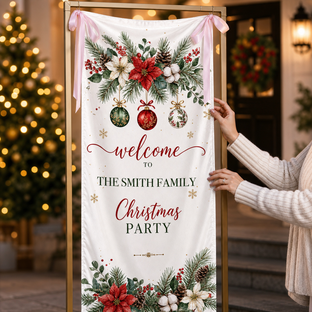 Custom Poinsettia Christmas Party Fabric Welcome Banner, Personalized Family Name Holiday Entrance Hanging Sign with Ribbon Ties, Winter Floral Foliage Party Decor