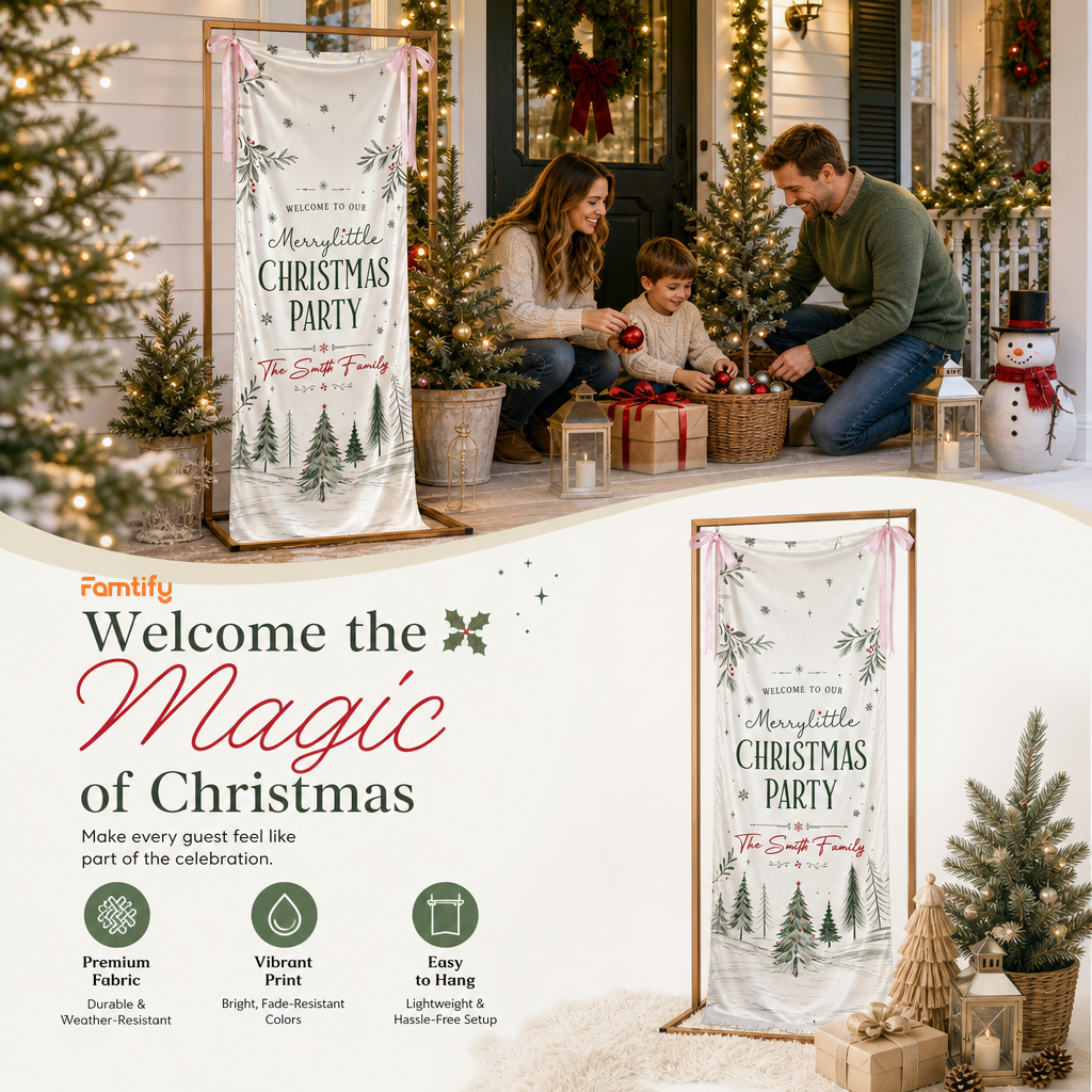 Custom Merry Little Christmas Party Fabric Welcome Banner, Personalized Family Name Holiday Entrance Hanging Sign with Ribbon Ties, Winter Pine Forest Party Decor