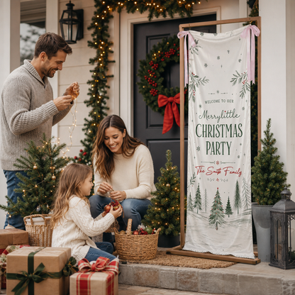 Custom Merry Little Christmas Party Fabric Welcome Banner, Personalized Family Name Holiday Entrance Hanging Sign with Ribbon Ties, Winter Pine Forest Party Decor