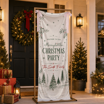 Custom Merry Little Christmas Party Fabric Welcome Banner, Personalized Family Name Holiday Entrance Hanging Sign with Ribbon Ties, Winter Pine Forest Party Decor