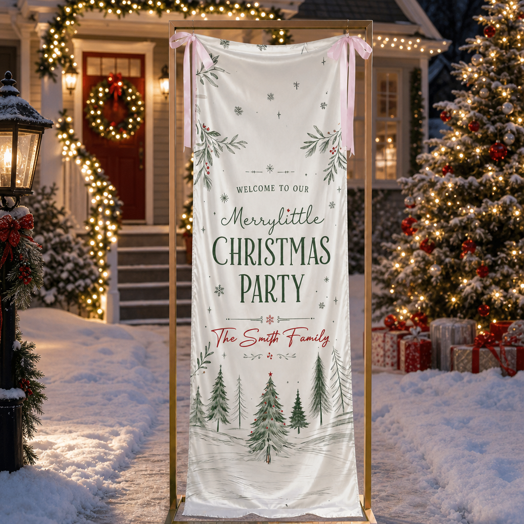 Custom Merry Little Christmas Party Fabric Welcome Banner, Personalized Family Name Holiday Entrance Hanging Sign with Ribbon Ties, Winter Pine Forest Party Decor