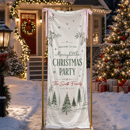 Custom Merry Little Christmas Party Fabric Welcome Banner, Personalized Family Name Holiday Entrance Hanging Sign with Ribbon Ties, Winter Pine Forest Party Decor