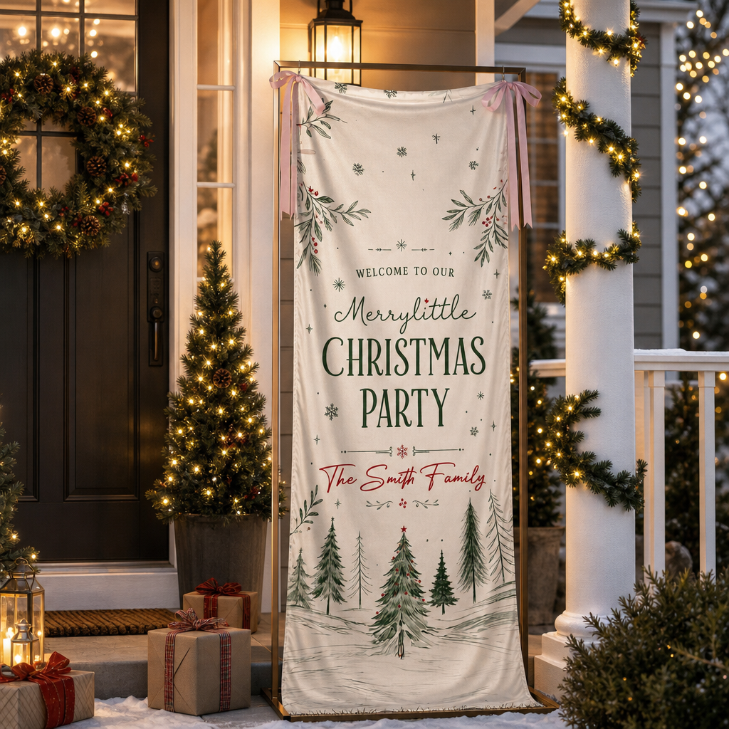 Custom Merry Little Christmas Party Fabric Welcome Banner, Personalized Family Name Holiday Entrance Hanging Sign with Ribbon Ties, Winter Pine Forest Party Decor