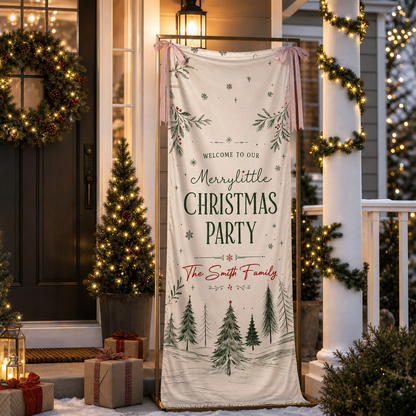 Custom Merry Little Christmas Party Fabric Welcome Banner, Personalized Family Name Holiday Entrance Hanging Sign with Ribbon Ties, Winter Pine Forest Party Decor