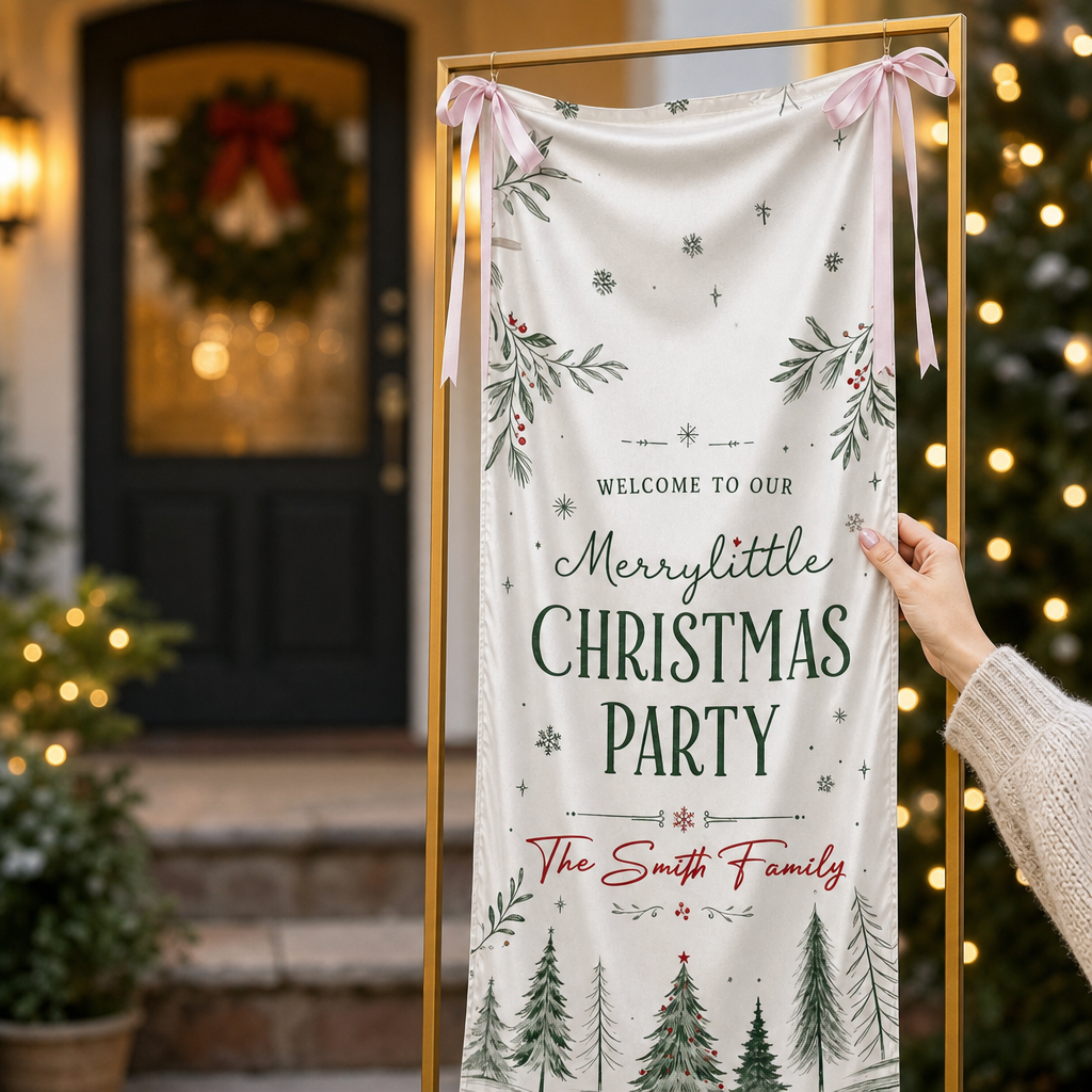 Custom Merry Little Christmas Party Fabric Welcome Banner, Personalized Family Name Holiday Entrance Hanging Sign with Ribbon Ties, Winter Pine Forest Party Decor