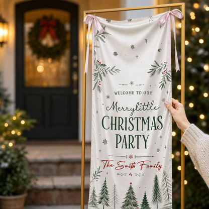 Custom Merry Little Christmas Party Fabric Welcome Banner, Personalized Family Name Holiday Entrance Hanging Sign with Ribbon Ties, Winter Pine Forest Party Decor
