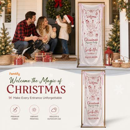 Custom Christmas Pajama Party Fabric Welcome Banner, Personalized Name Holiday Entrance Hanging Sign with Pink Ribbon Ties, Pink Line Art Martini Cocktail Party Decor