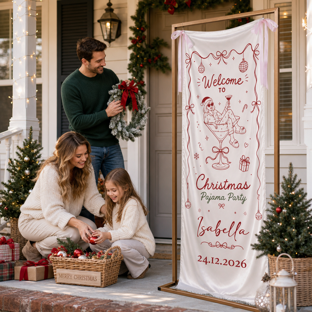Custom Christmas Pajama Party Fabric Welcome Banner, Personalized Name Holiday Entrance Hanging Sign with Pink Ribbon Ties, Pink Line Art Martini Cocktail Party Decor
