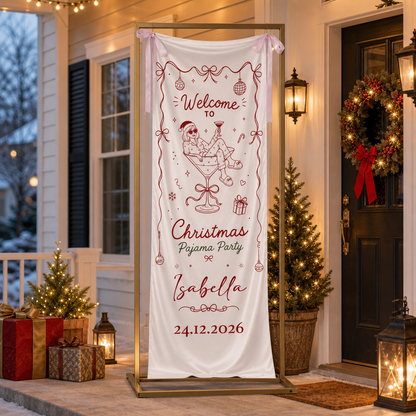 Custom Christmas Pajama Party Fabric Welcome Banner, Personalized Name Holiday Entrance Hanging Sign with Pink Ribbon Ties, Pink Line Art Martini Cocktail Party Decor