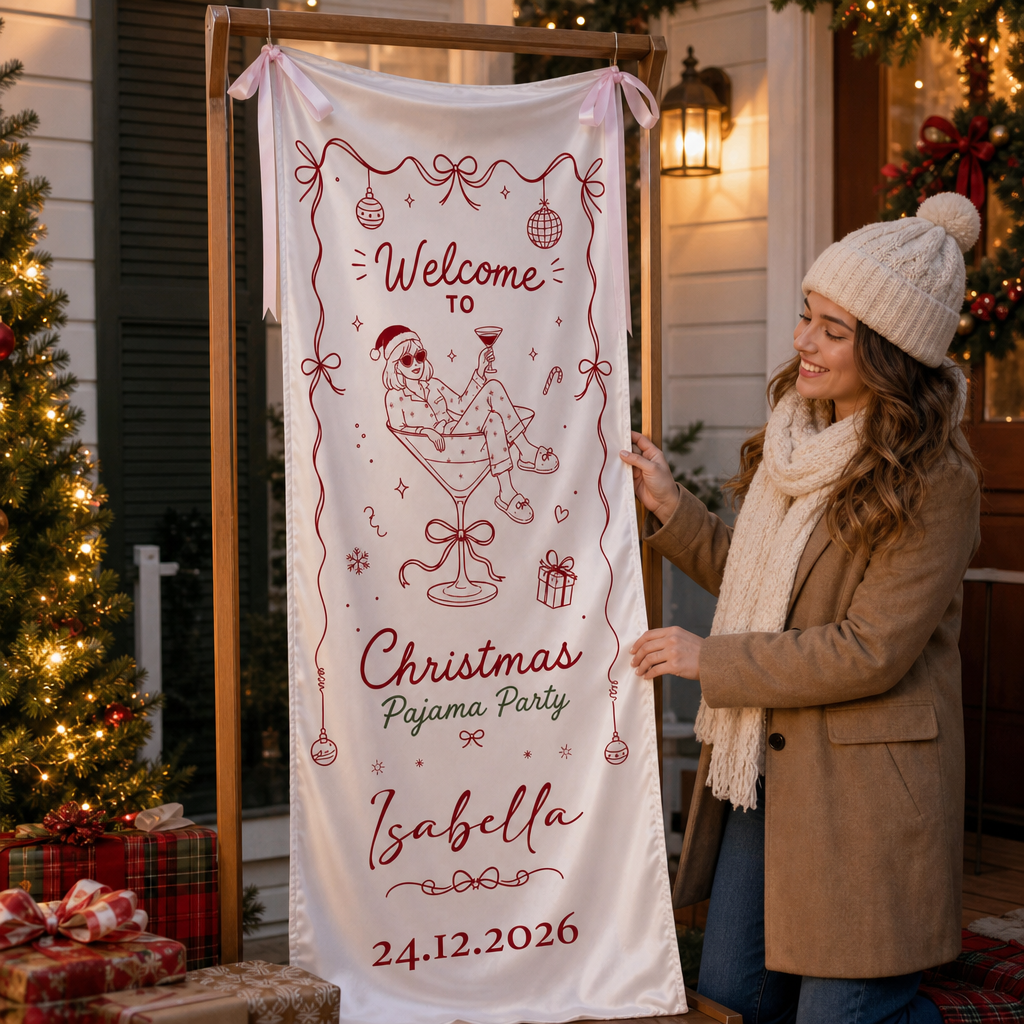 Custom Christmas Pajama Party Fabric Welcome Banner, Personalized Name Holiday Entrance Hanging Sign with Pink Ribbon Ties, Pink Line Art Martini Cocktail Party Decor