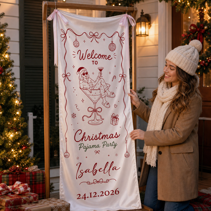 Custom Christmas Pajama Party Fabric Welcome Banner, Personalized Name Holiday Entrance Hanging Sign with Pink Ribbon Ties, Pink Line Art Martini Cocktail Party Decor