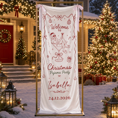 Custom Christmas Pajama Party Fabric Welcome Banner, Personalized Name Holiday Entrance Hanging Sign with Pink Ribbon Ties, Pink Line Art Martini Cocktail Party Decor