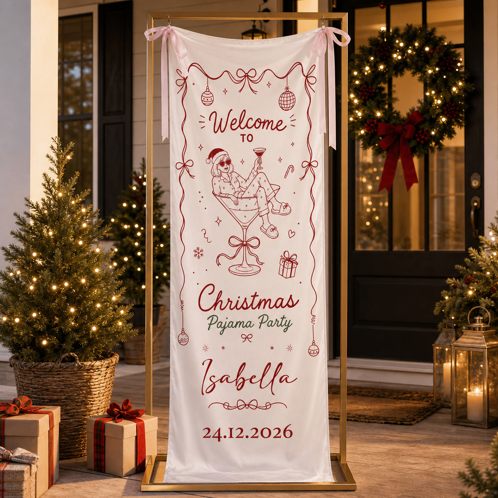 Custom Christmas Pajama Party Fabric Welcome Banner, Personalized Name Holiday Entrance Hanging Sign with Pink Ribbon Ties, Pink Line Art Martini Cocktail Party Decor