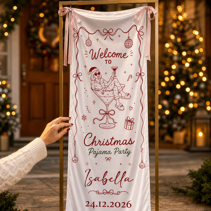 Custom Christmas Pajama Party Fabric Welcome Banner, Personalized Name Holiday Entrance Hanging Sign with Pink Ribbon Ties, Pink Line Art Martini Cocktail Party Decor