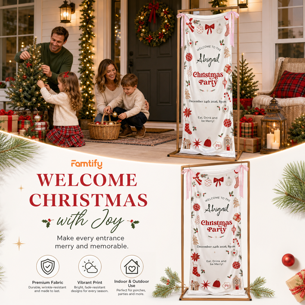 Custom Christmas Party Fabric Welcome Banner, Personalized Name Holiday Entrance Hanging Sign with Ribbon Ties, Festive Christmas Ornaments & Gingerbread Party Decor