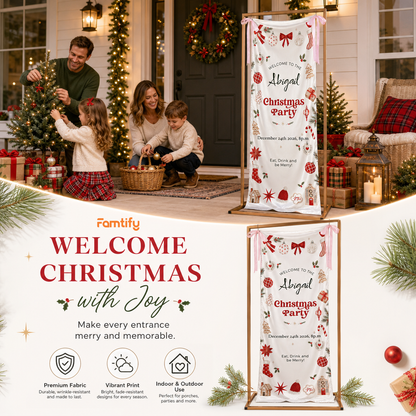 Custom Christmas Party Fabric Welcome Banner, Personalized Name Holiday Entrance Hanging Sign with Ribbon Ties, Festive Christmas Ornaments & Gingerbread Party Decor