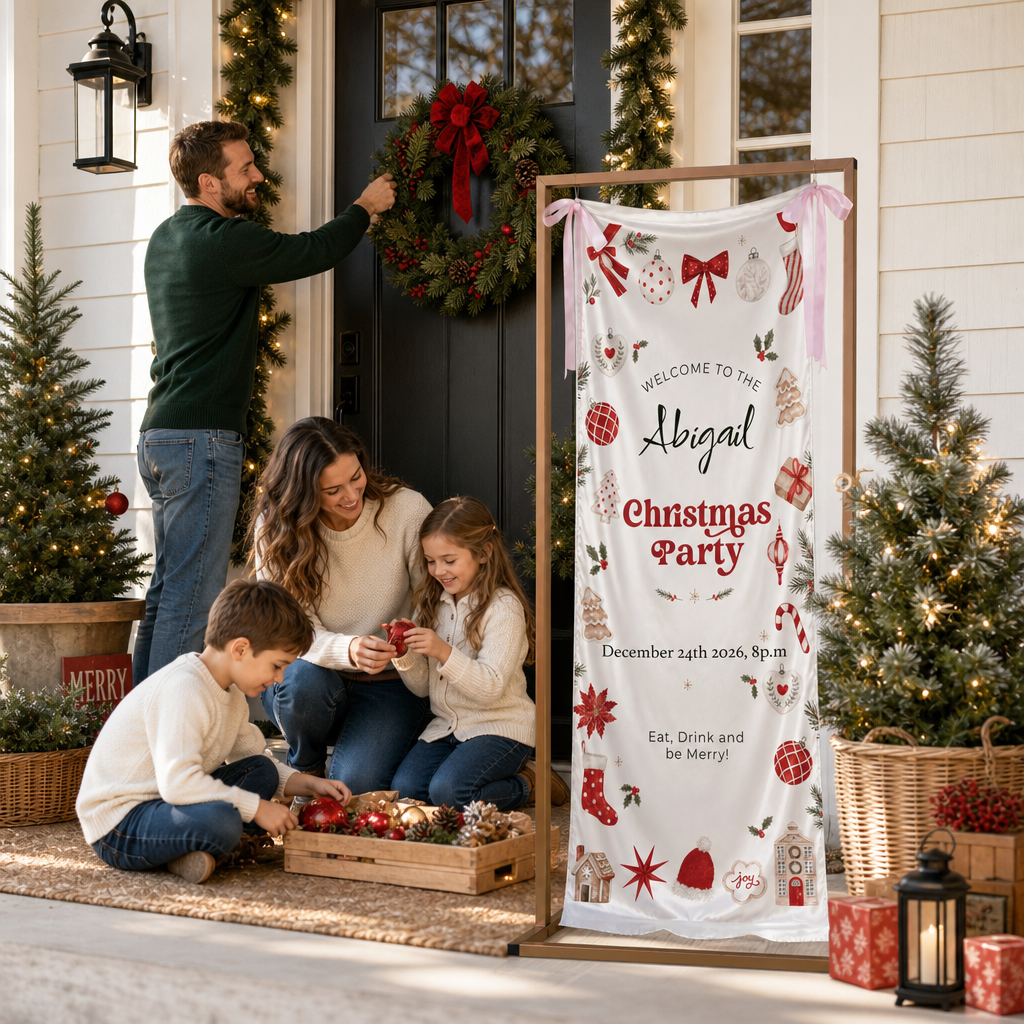 Custom Christmas Party Fabric Welcome Banner, Personalized Name Holiday Entrance Hanging Sign with Ribbon Ties, Festive Christmas Ornaments & Gingerbread Party Decor