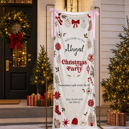 Custom Christmas Party Fabric Welcome Banner, Personalized Name Holiday Entrance Hanging Sign with Ribbon Ties, Festive Christmas Ornaments & Gingerbread Party Decor