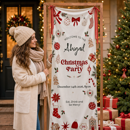 Custom Christmas Party Fabric Welcome Banner, Personalized Name Holiday Entrance Hanging Sign with Ribbon Ties, Festive Christmas Ornaments & Gingerbread Party Decor