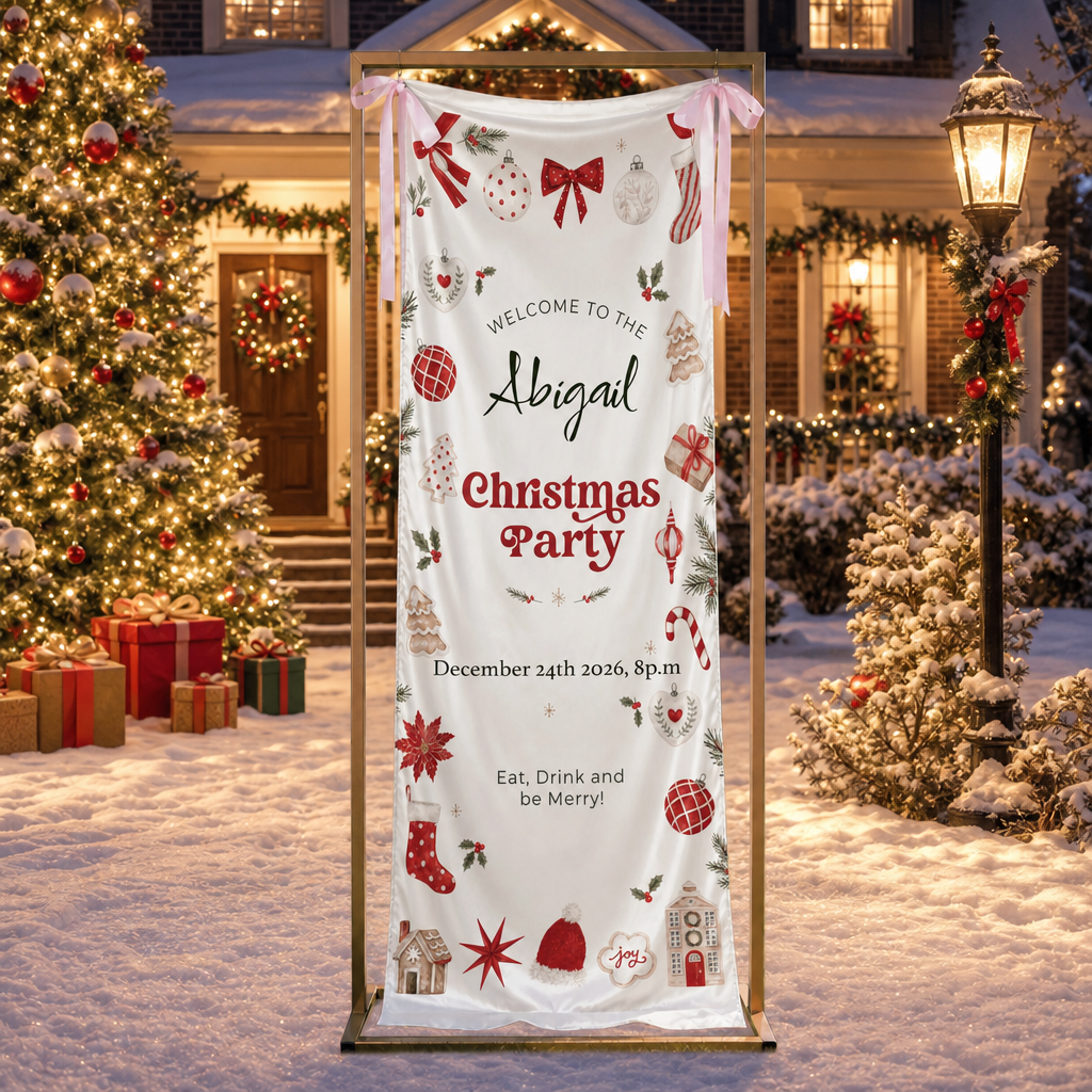 Custom Christmas Party Fabric Welcome Banner, Personalized Name Holiday Entrance Hanging Sign with Ribbon Ties, Festive Christmas Ornaments & Gingerbread Party Decor